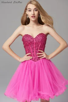 

New Fashion Fuchsia Pink Crystal Homecoming Dress Sweetheart Ball Gown Tulle Sexy Short Cocktail Party Dress vestido curto
