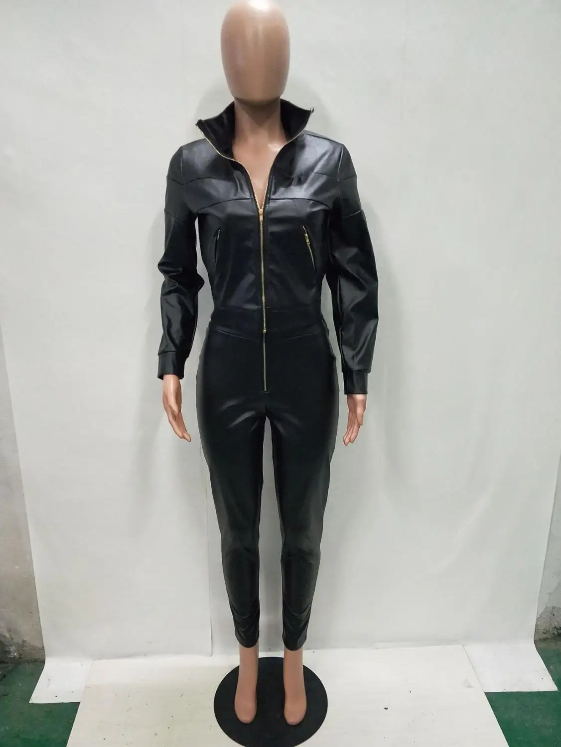 Крутой спортивный костюм женский из двух частей искусственная кожа обтягивающий комбинезон для женщин длинный рукав комбинезон и комбинезон D8232 - Цвет: Черный