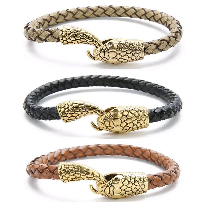 Bracelet Homme Serpent à Crochet En Acier Inoxydable Et Cuir Tressé Noir - Neuf Sans Boîte