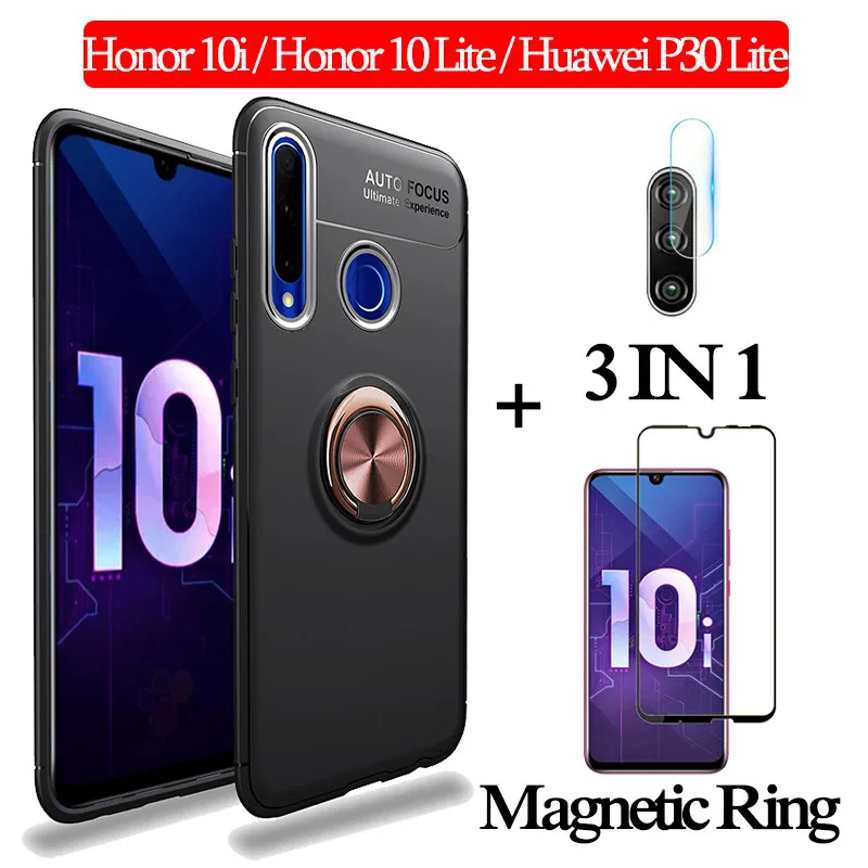 3-в-1 стекло+ магнитом Силиконовое чехол хонор 10 лайт чехол на Honor 10i 10Lite мягкий чехол на телефона huawei p30lite чехол полное покрытие чехол на хонор 10i чехол honor 10i магнитная кольцом чехол - Цвет: 3-in-1 BlackRoseCase