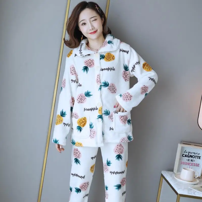 

Winter Pajamas Set Women Flannel Button Pyjama Warm Sexy Plush Sleepwear Big Size Femme Mom Homewear 2019 Fashion Pjs