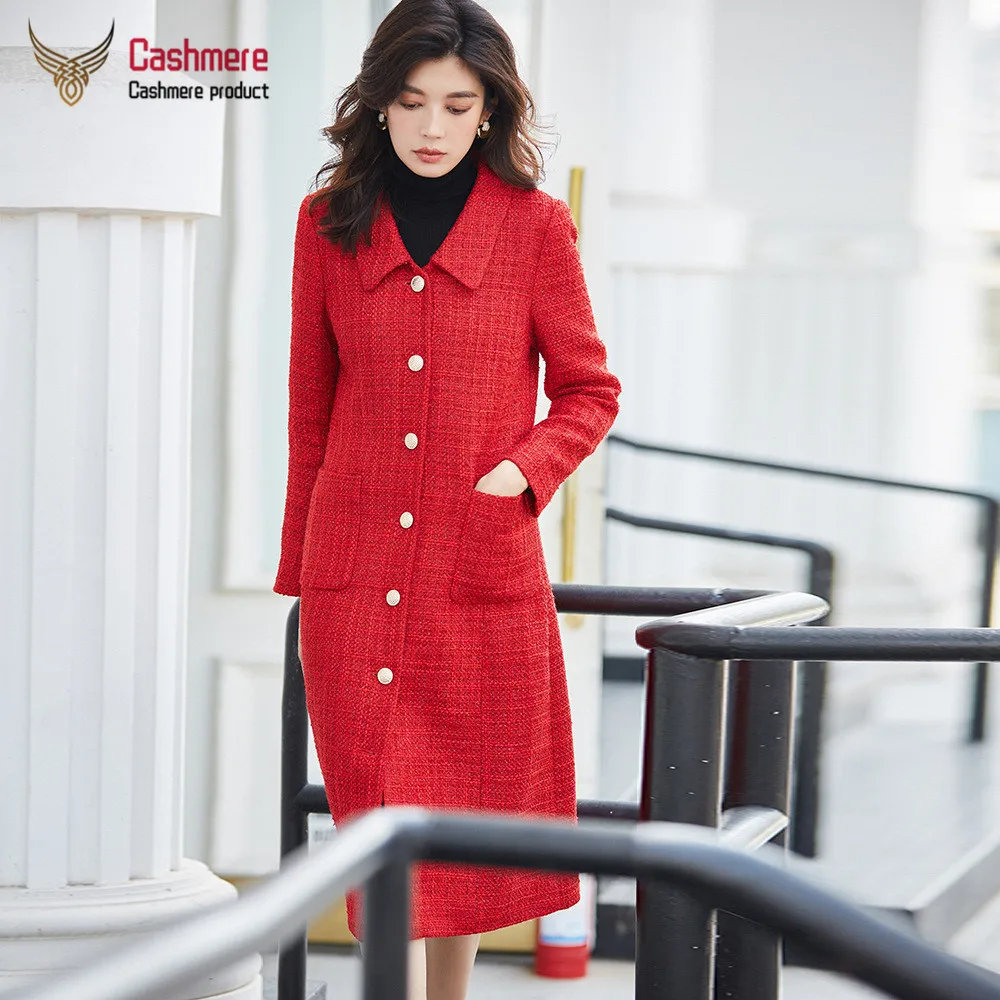 

Retro sequined coat women's jacket plus long section waist lapel temperament coat new thick tweed jacket black red coat female