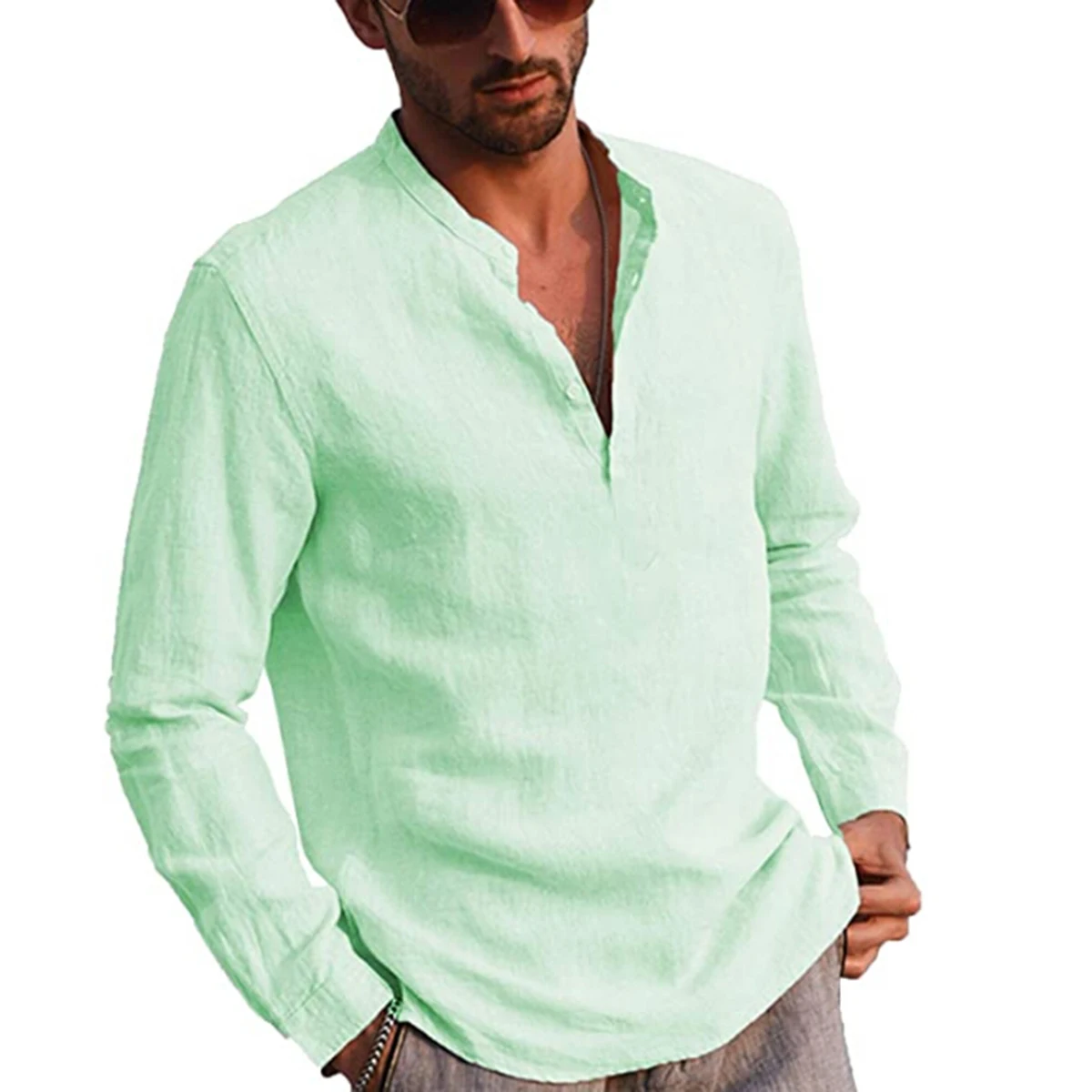 Collar Long Sleeve Shirt White Summer Shirt Boho Shirt V Neck Blouse Plus Size Linen Linen Clothing Men Linen Shirt Long Linen Shirt