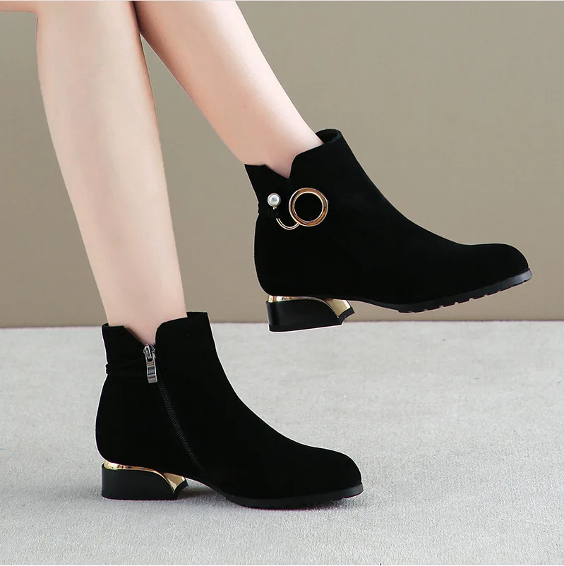 

Women Ankle Boots Flock Zipper Solid Short Boots Low Square Heel Single Shoes Keep Warm Winter Booties Botas Mujer Invierno