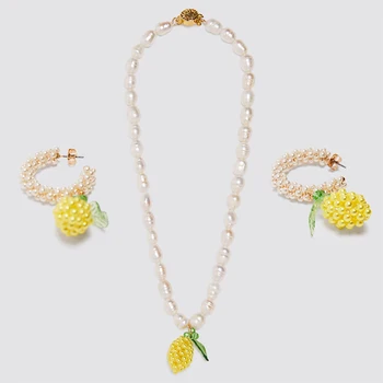 

2020 Fashion Handmade Lemon Necklace Female Summer Fruit Quartz Stone Pendant Necklace Earring Wedding Jewelry Set Wholesale