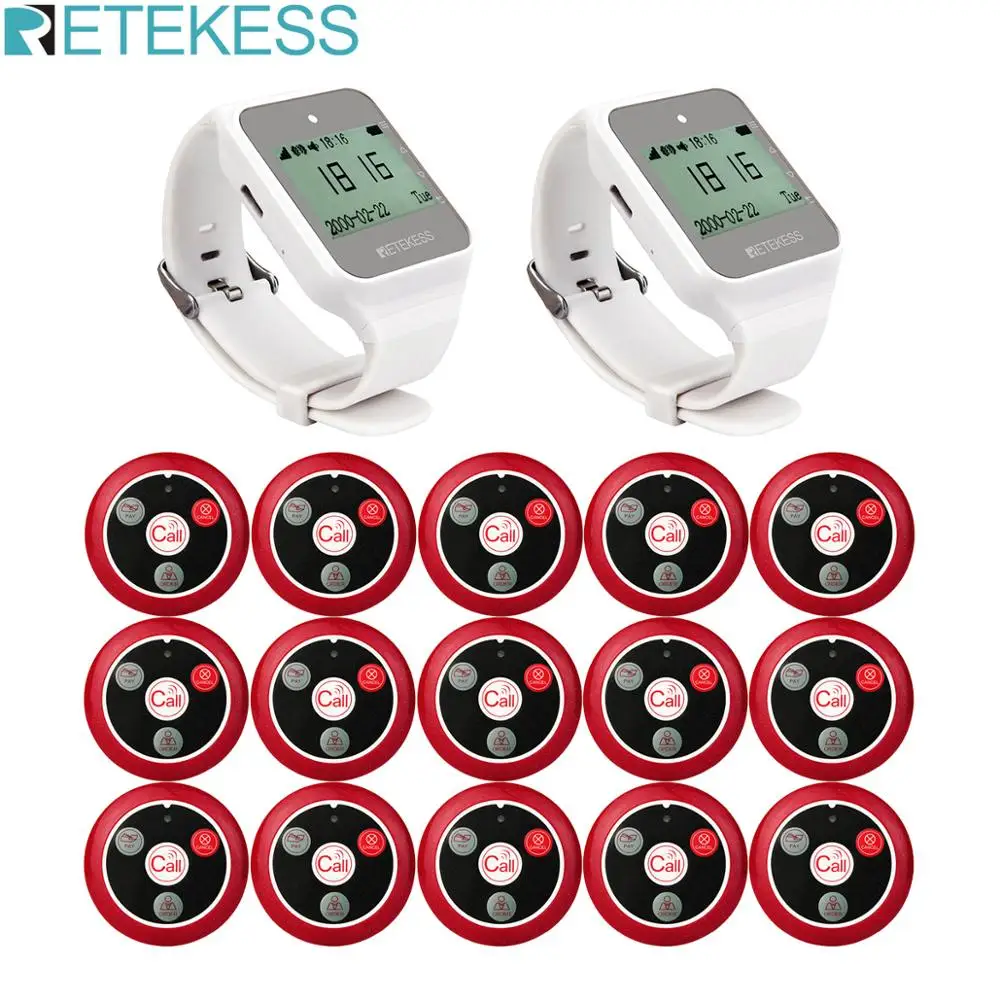 

RETEKESS Hookah Restaurant Pager Wireless Waiter Calling System 2 TD108 Watch Receiver+15 T117 Call Button for Customer Service