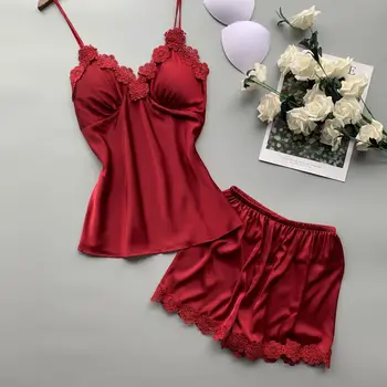 

2 Pieces Woman Pajamas Set Stain Sexy Sleepwear Woman Faux Silk Strap Sling Top And Shorts Summer Pajama HomeWear with Chest Pad