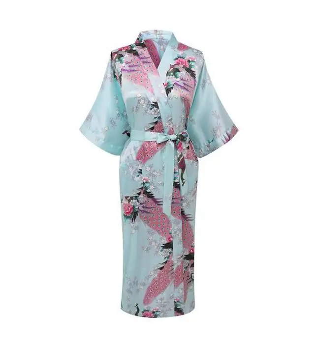 Женское кимоно с принтом, платье, ночное белье, пеньюар, атласный длинный халат, домашняя одежда, серая v-образная Пижама, повседневный халат для свадебной вечеринки - Цвет: Blue B