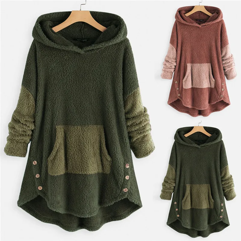 JAYCOSIN женские толстовки флисовые пэтчворк длинные пушистые плюшевые на пуговицах