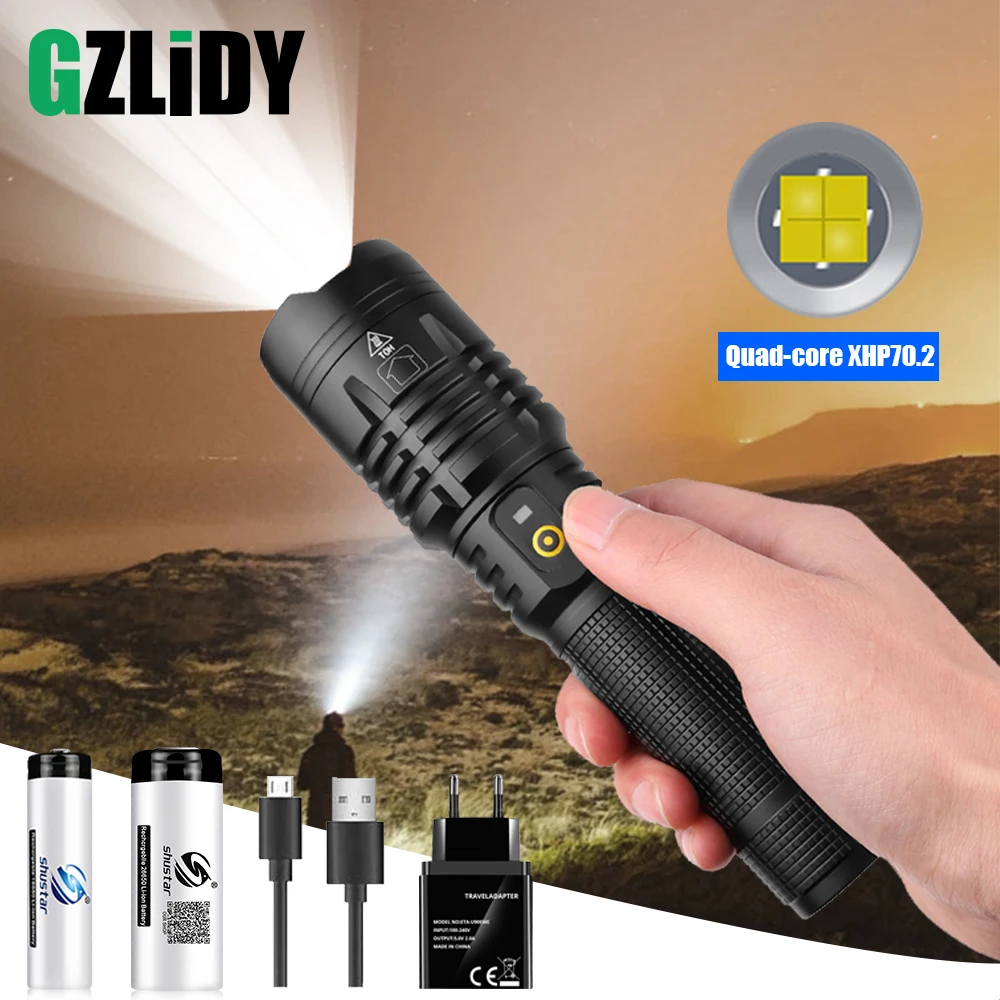 

Powerful XHP70.2 Flashlight USB Rechargeable LED Tactical Torch Zoomable 5 Modes Waterproof Outdoor Lamp Can Charge Mobile Phone