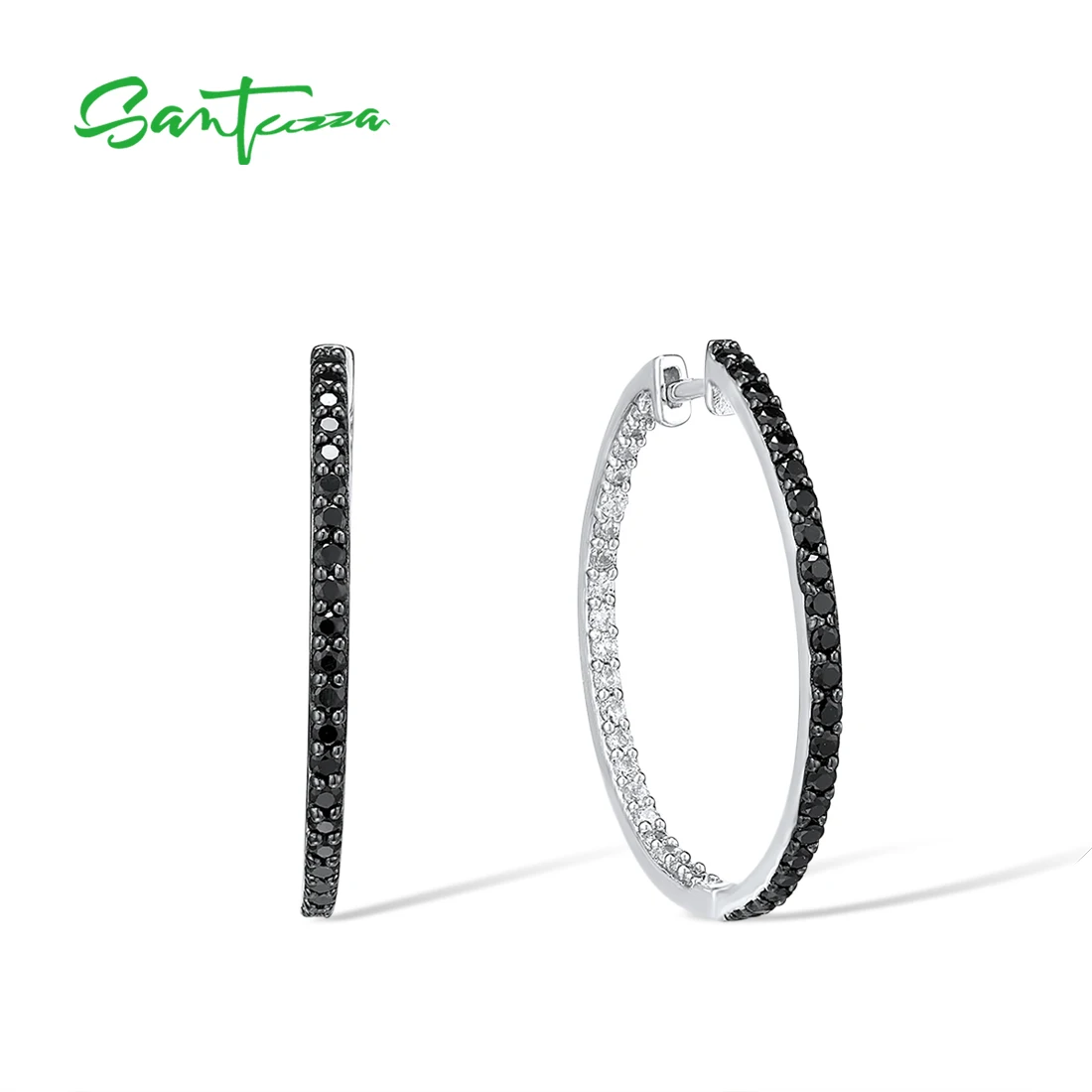 SANTUZZA 925 Sterling Silver Hoop Earrings For Women Shiny Black Spinel White CZ Simple Style Large Circle Earrings Fine Jewelry