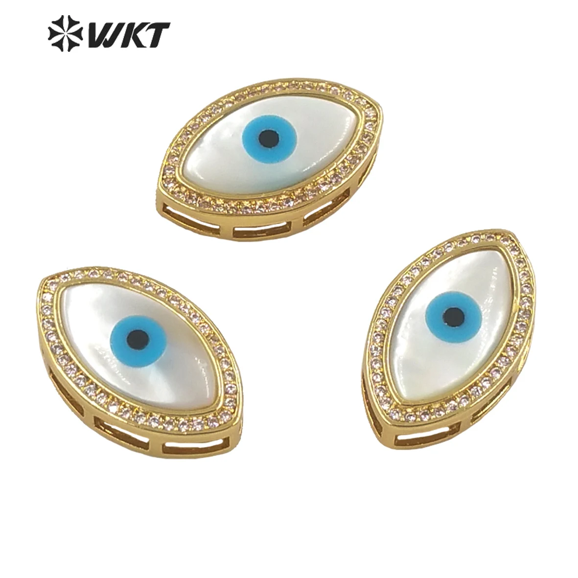 

WT-MP203 WKT Exclusive Fashion Gold Plated Micropave Cubic Zircon Setting White Shell Evil Eye Pendant In Horseeye Shape