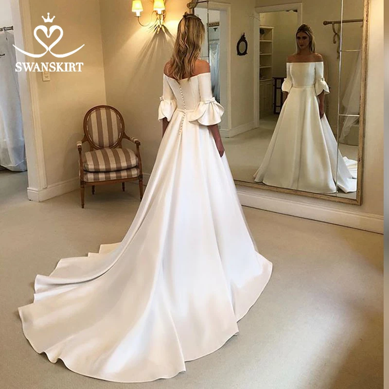 Vestido de Noiva, атласное свадебное платье принцессы,, Лебединая юбка, винтажное, с вырезом лодочкой, а-силуэт, на заказ, платье невесты, со шлейфом, WY05