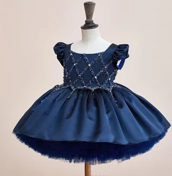 

New Customized Blue Baby Girls Birthday Dresses Knee Length Backless Lace Up Children Princess Party Gown Flower Girl Dress