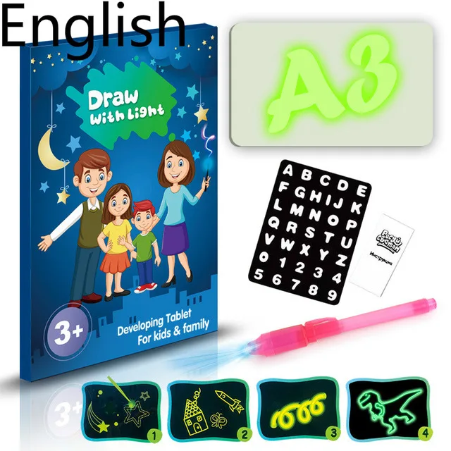 Luminous Drawing Board Graffiti Drawing Tablet Magic Draw LED With Fluorescent Pen Educational Boy Toys magic drawing board - Color: US A3