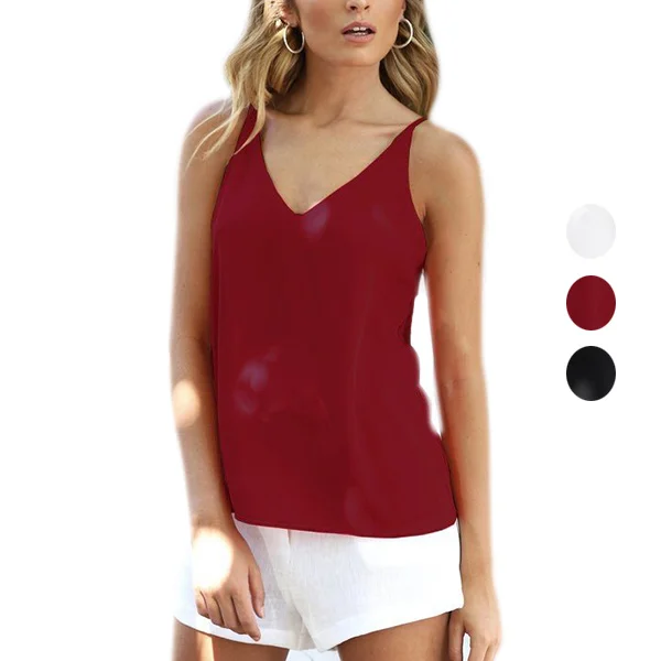 Pop Women Summer Beach Casual Chiffon Blouse Sexy Sleeveless V Neck Spaghetti Strap Tops Pop 88