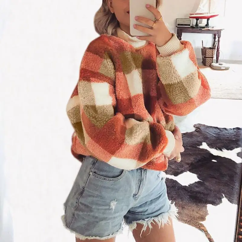 

Turmeric Vintage lambswool plaid women hoodies 2019 Autumn winter sweatshirts pullover loose female round neck sweatshirt ladies