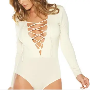 

2019 Womens Casual Deep V Neck Sexy Rompers Hollow Out Lace Up Short Playsuit Slim Long Sleeve Bodycon Bodysuits