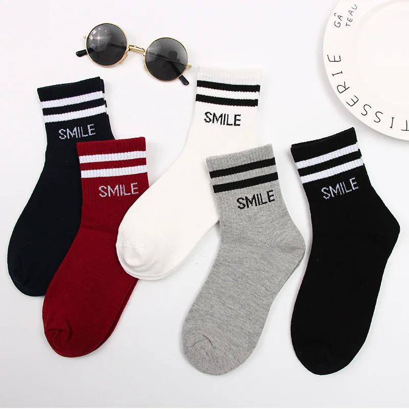 Японские корейские стильные забавные Женские носочки с буквенным принтом в виде улыбки в консервативном стиле, полосатые носки в стиле хип-хоп на осень и весну для девушек 120902