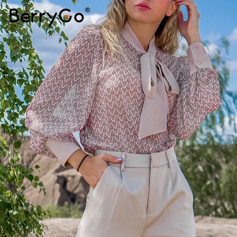 Женская блузка с длинным рукавом BerryGo, элегантная розовая блузка с геометрическим рисунком, на лето и весну 2020 Женская блузка с длинным рукавом BerryGo, элегантная розовая блузка с геометрическим рисунком, на лето и весну 2020
