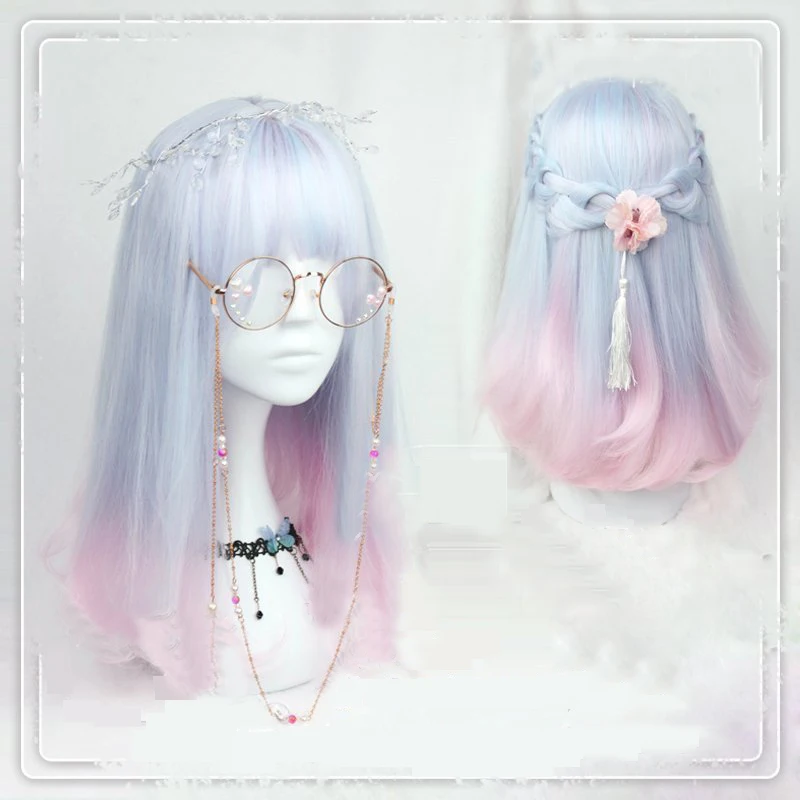 

Japanese Sweet Lolita Cosplay Wigs Harajuku Cute Pink Mixed Blue Gradient Princess Party Hair Wig Synthetic Hairpiece + Hair Cap