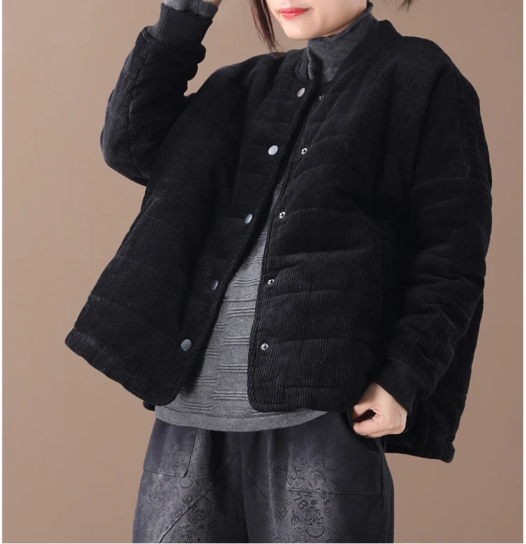 Qi Juan Draw Winter 19 New Style Loose And Plus-sized Literature And Art ya raysteak Slit-Corduroy Short Cotton Overcoat
