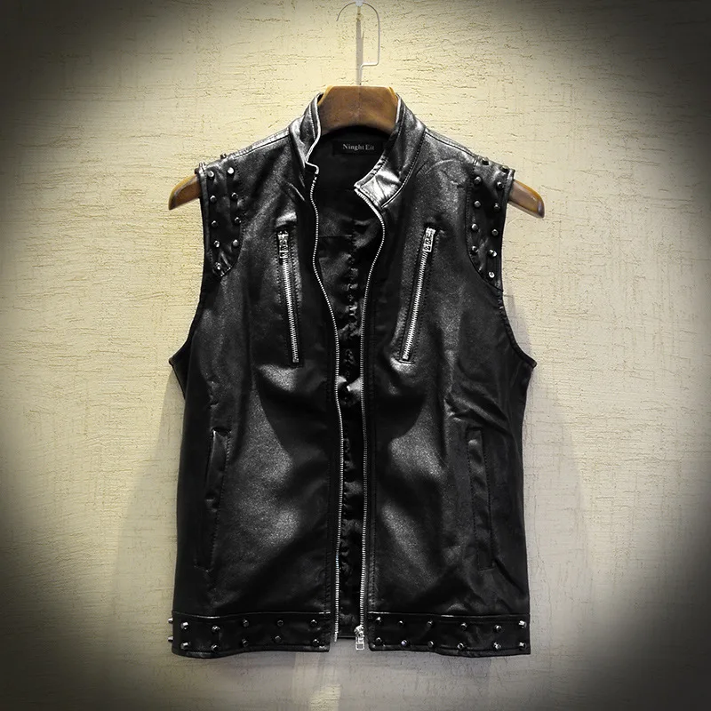 Жилет мужской кожаный с заклепками куртка без рукавов в стиле панк/хип хоп