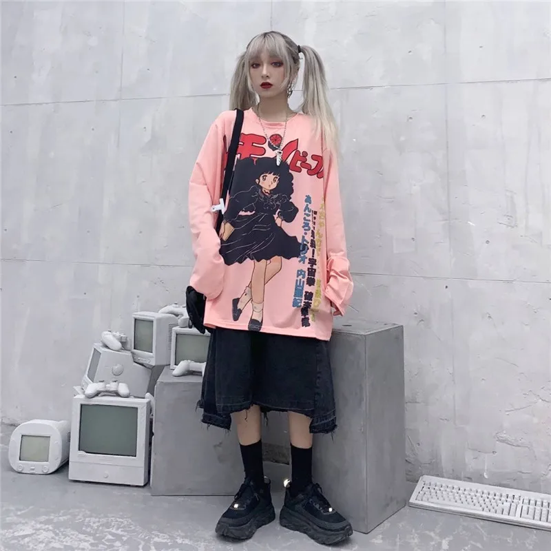 Harajuku футболка уличная Япония аниме футболка женская Милая футболка с рисунком уличная забавная Повседневная розовая негабаритная футболка