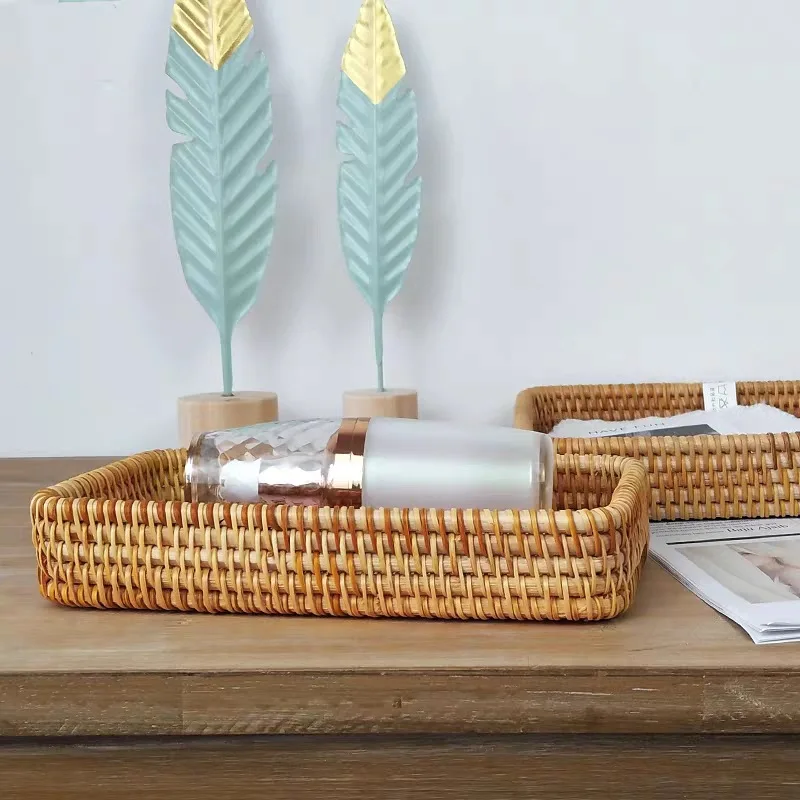 Rattan Storage Box Hand-Woven Rattan Storage Tray Wicker Basket Fruit Tea Organizer Kitchen Supplies Household Tools 4