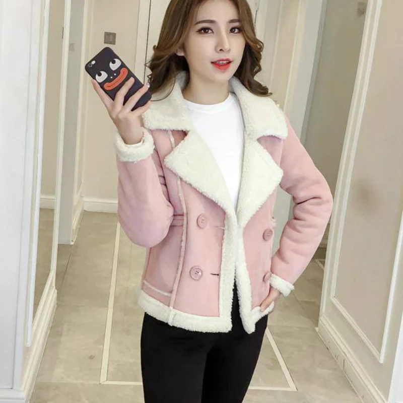 

Woman Short Faux Woolen Lamb Coat Pink Jacket