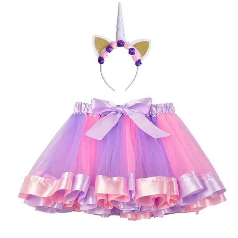 Girls Tulle Skirt Summer Baby Rainbow Tutus With Unicorn Hairband Children Pettiskirt Baby Skirts Tulle Christmas Tutus Ballet - Цвет: DX39-2