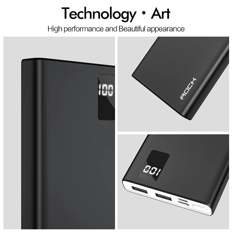 ROCK power Bank 10000 мАч для Xiaomi Mi, iPhone, samsung, портативная быстрая зарядка, внешняя батарея, power bank, зарядное устройство для телефона, повербанк