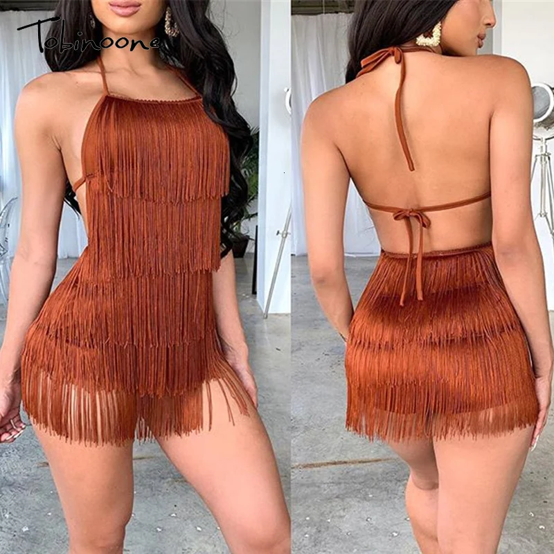 

Tobinoone Tassel Summer Dresses Female Halter Backless Casual Club Mini Dress Sexy Fringe Bandage Bodycon Party Dress Vestidos