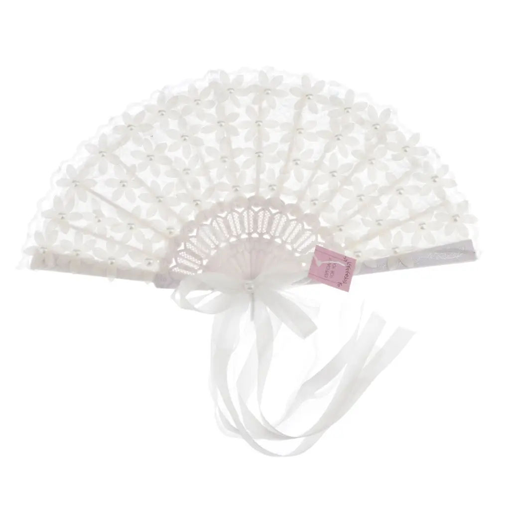 Lace Folding Fan White Flowers with Ribbons Handheld Fan For Women Bridal wedding handheld fan