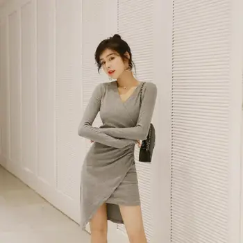 

Autumn Solid Gray Bodycon Dress Long Sleeve Sexy V-neck Irregular Pleated Bandage Dress Vestidos De Festa