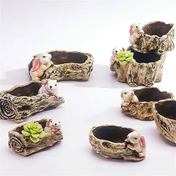 

Imitation Wood Succulent Flowerpot Bunny Shape Green Plants Pot Micro Landscape Key Jewelry Storage Box Ornament Home Decoration