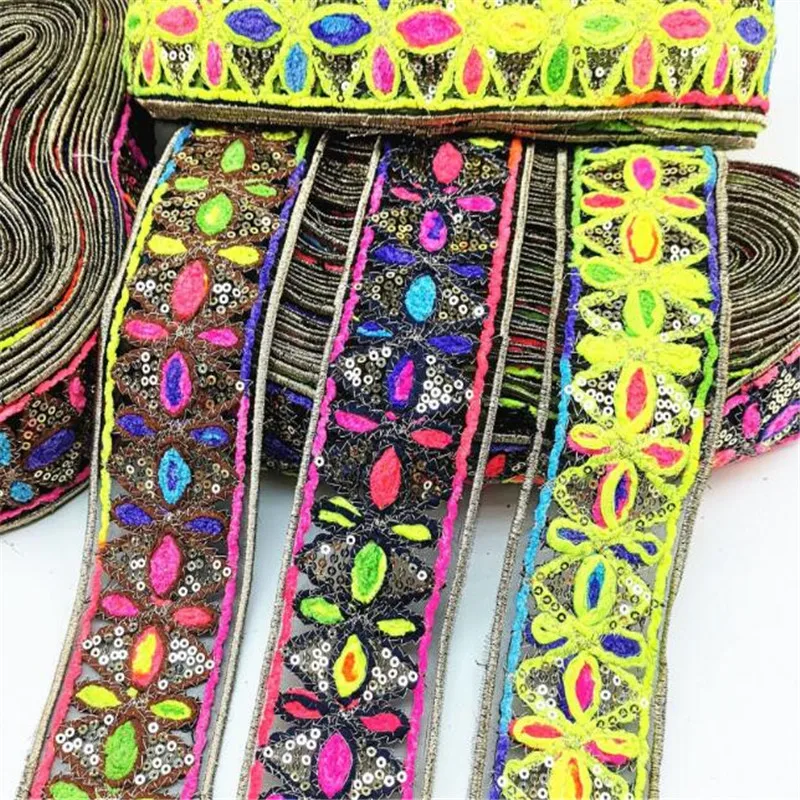 6cm width sequins flower embroidered Lace Ribbon jacquard organza