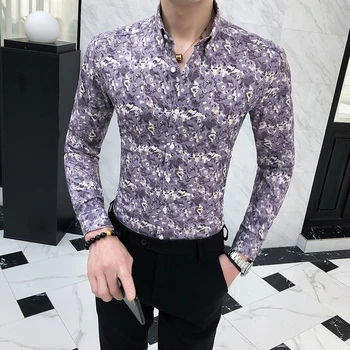 

Brand Spring Casual Long Sleeve Men Shirt Camisa Masculina Print Slim Fit Dress Shirts Streetwear Social Tuxedo Male Clothing