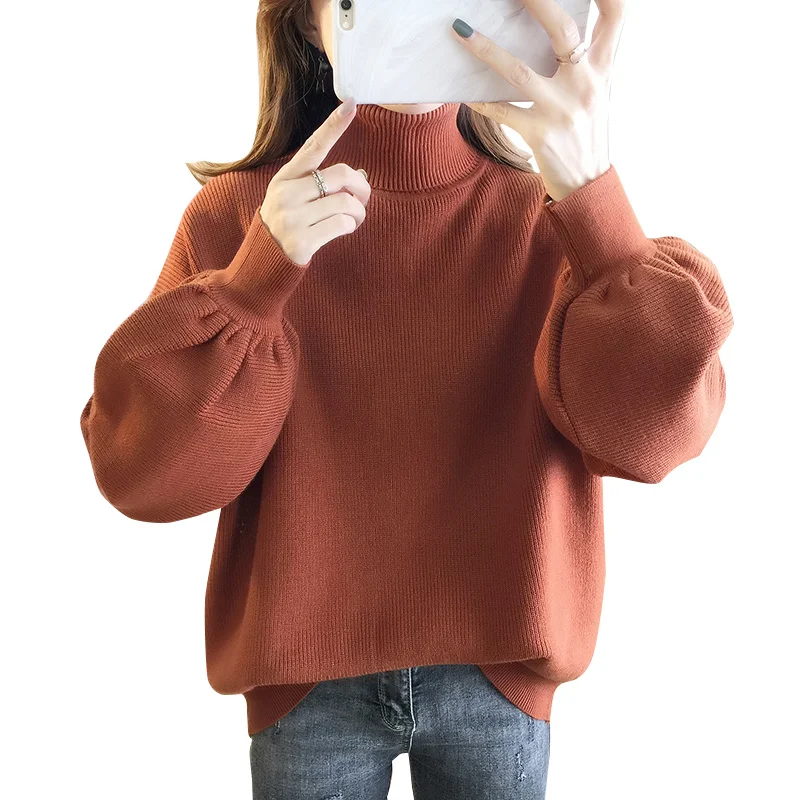 

2020 Winter New Women's Sweater Casual Female Turtleneck Lantern Sleeve Loose Slim Solid Color Good Quality Core Yarn Sweater
