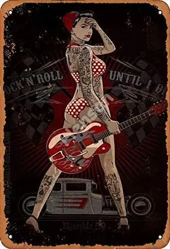 

20 X 30 CMClassic Metal Tin Sign,Rock N' Roll Until I Died Sexy Hot Girl Waterproof Vintage Look Sign Plaque for Offices