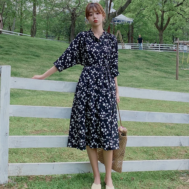 

Women Black Long Chiffon Loose Floral Dress Summer Autumn 2020 Runway Elegant Korean Party Dress Boho Casual Vacation Dresses