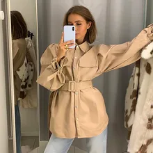 Street Fashion Cool Ladies Quality Khaki Jackets Women Pockets Belt Long Sleeve Turn Down Collar Long Coat Windbreaker Tops