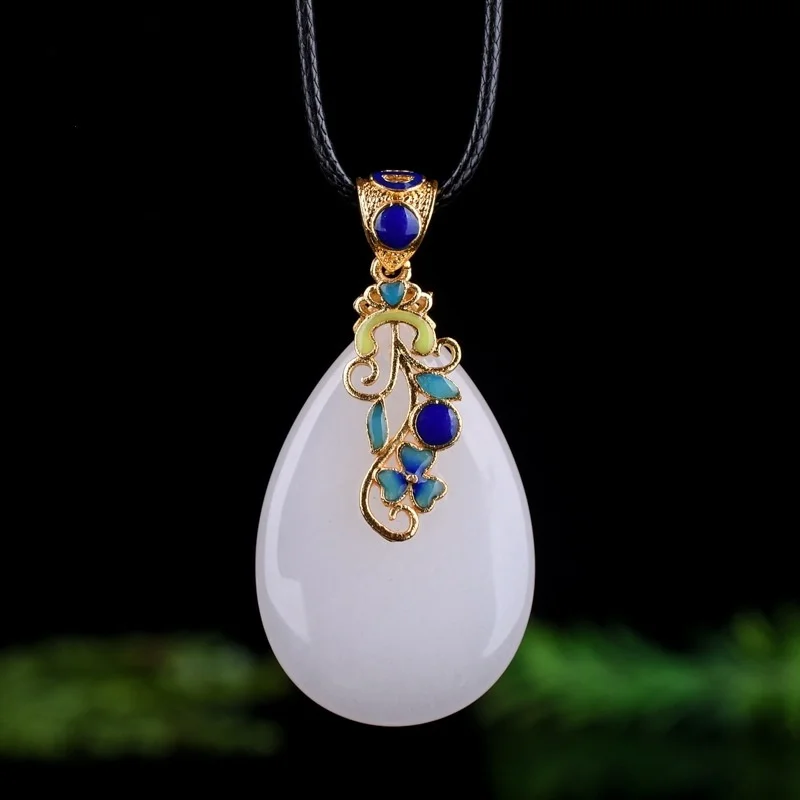 

Natural White Jade Hand-carved Water Drop Pendant Fashion Boutique Jewelry for Men and Women Cloisonne Inlaid Necklace Gift