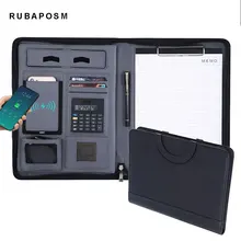 

A4 Leather Folder Wireless Charging Portfolio Zipper Binder Business Padfolio Organizer Calculator 10000mah Power Bank Briefcase