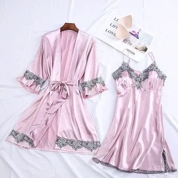 

Fashion Women Faux Silk Robe Gown Set summer Sexy Lace nightdress Women Sleepwear Dress Woman Pajamas Bathrobe