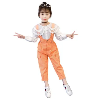 

Kids Girls Clothing Set 2020 Spring Autumn Girls Lace Collar White Blouse + Jumpsuit School Tracksuit Children Clothes 8 10 Year