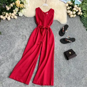 

2020 new fashion women's Jumpsuit beach wide leg pants solid color temperament V-neck sleeveless waist tie rompers