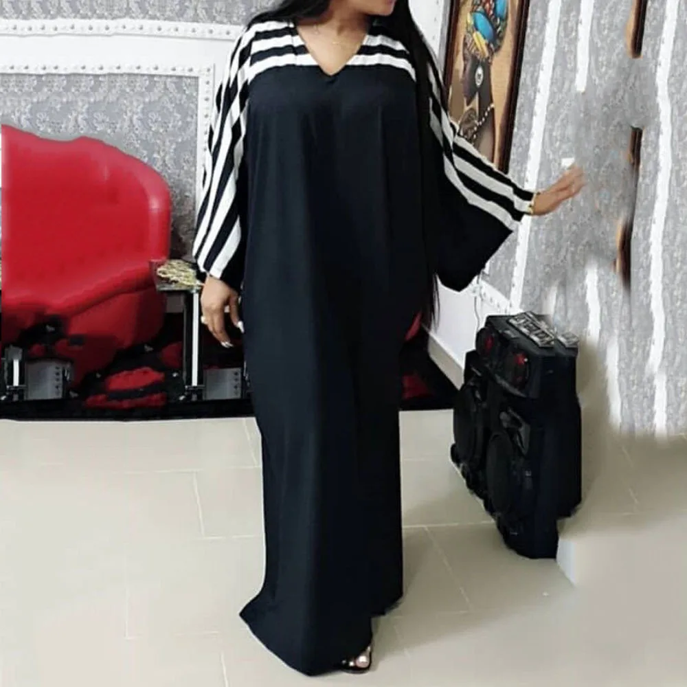 

Casual Loose Striped Patchwork Maxi Dress African Style 2020 Spring Long Batwing Sleeve Long Dress Daily Femme Vestiods Robe