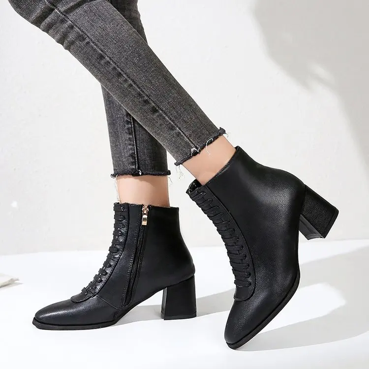 

2019 Winter With Zipper Boots High With Short Boots Bandage Square Woman Boots