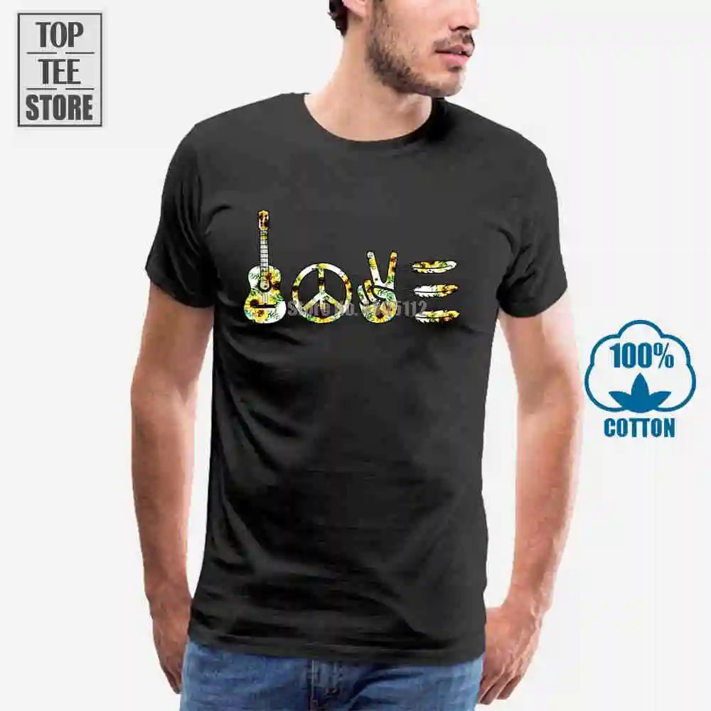 Hippie Soul Sunflower Peace футболка с гитарой Black Cotton Men S 4Xl | Мужская одежда